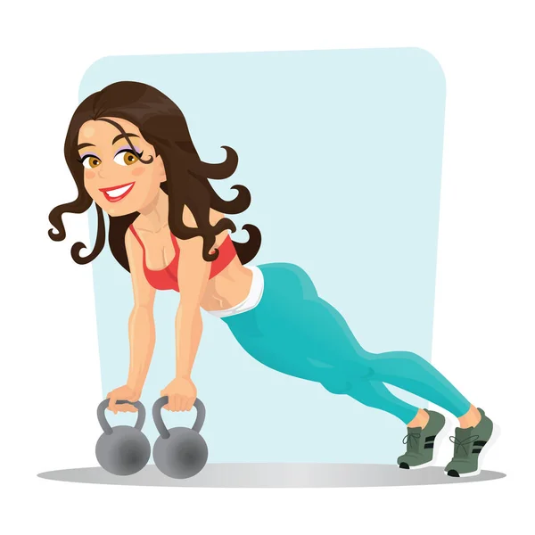 Esmer kız Kettlebell vektör illüstrasyonuyla egzersiz yapıyor.