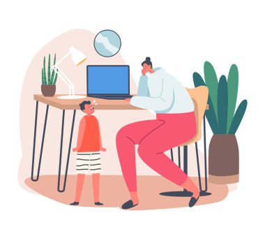 İş Annesi, Küçük Çocuk Masa Başında Ağlarken Evde Çalışıyor. İş yeri. Genç Anne Bebek ile Dizüstü bilgisayarda çalışıyor