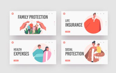 Aile Koruma İniş Şablonu Ayarlandı. Ebeveynler, Çocuk Karakterleri Büyük İnsan Elleri 'nin altında duruyor. Sosyal Destek