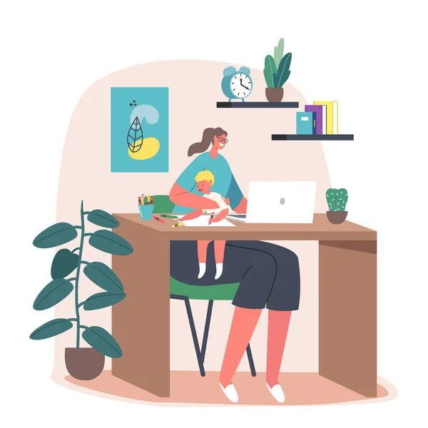 Zakenmoeder op kantoor. Jonge moeder karakter werk op laptop met weinig kind zitten op knieen schilderen — Stockvector