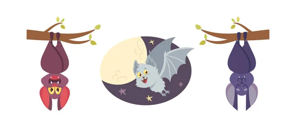 Definir morcegos bonitos, animais de quadrinhos de vampiro, personagens de Halloween, personagens engraçados de desenhos animados com sorriso focinho pendurar ou voar — Vetor de Stock