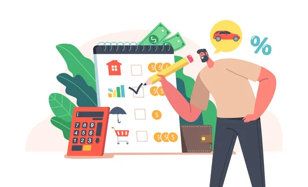 Familia Recoger Dinero, Planificación Presupuestaria o Ahorro, Concepto de Contabilidad de Ingresos. Formulario de relleno de caracteres masculinos felices con compras — Vector de stock