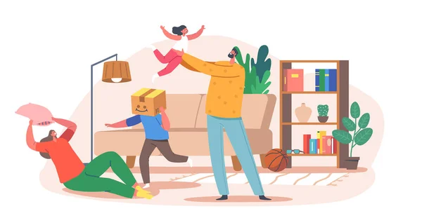 Home Fun Concept. Happy Family Personages Ouders en kinderen spelen, knoeien rond de kamer. Vader, moeder en kinderen — Stockvector