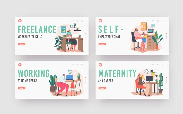 Maternity and Career Landing Page Template Set (dalam bahasa Inggris). Bisnis Ibu Bekerja di Rumah. Ibu dengan Anak-anak Duduk di Meja Bekerja - Stok Vektor