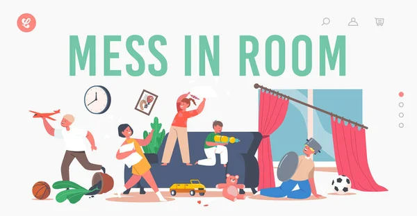 Mess in Room Landing Page Template. Naughty Children Fighting. Little Girls and Boys Playing, Kids Fight on Pillows Vector Graphics