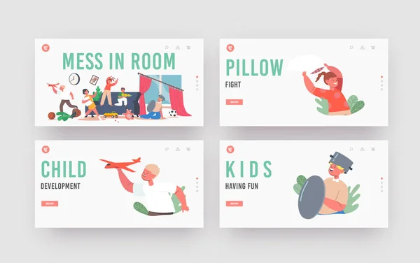 Mess in Room Landing Page Template Set. Naughty Children Fighting. Little Girls and Boys Playing, Kids Fooling and Fight Vector Graphics