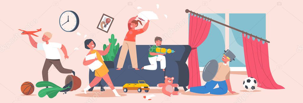 Naughty Hyperactive Children Fighting. Girls and Boys Playing, Making Mess in Room. Kids Fooling and Fight on Pillows Vector Graphics