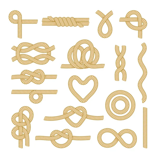 Set Sea Rope Knots, Nautical Marine Cords Elements and Parts Isolated on White Background. Different Loops and Strings — Stock Vector
