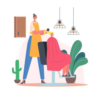 Çocukların kuaförüyle güzellik salonunu ziyaret eden genç bir kız. Berber dükkanında saç stili ustası, tarak kullanıyor.