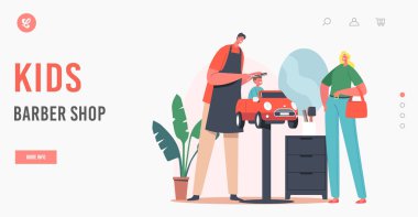 Çocuklar Berber Dükkanı İniş Şablonu. Kuaför Mirron 'un önünde oturan küçük çocuğa saç stili yaptı.