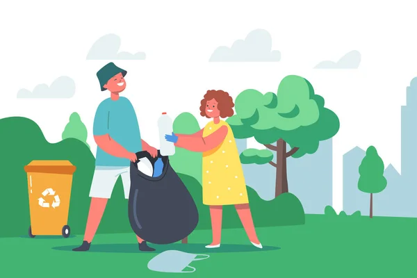 Küçük Kız ve Erkek Karakterler Çöpleri Bahçedeki Çöp Torbası ve Geri Dönüşüm Kutusuna Topluyor. Ekoloji Koruması, — Stok Vektör