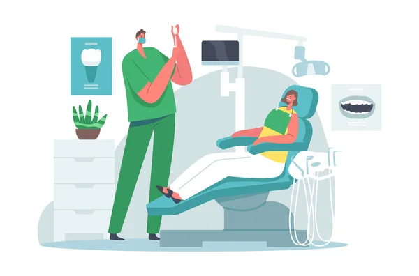 Carácter del doctor dentista que conduce el tratamiento médico de la salud Prepare la anestesia para la mujer paciente sentada en la silla — Archivo Imágenes Vectoriales