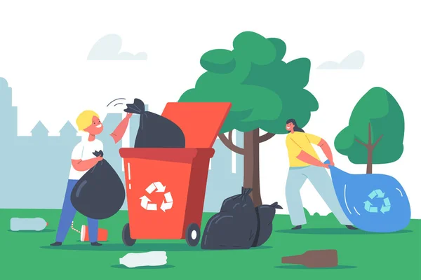 Niños Reciclando Basura, Niños Personajes Limpieza Jardín Recoger basura en bolsa de basura y papelera con signo de reciclaje — Archivo Imágenes Vectoriales