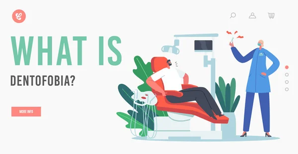 Πρότυπο σελίδας προσγείωσης Dentofobia. Man Sit in Medical Chair στο Στοματολογικό Συμβούλιο Νιώστε φόβο πριν από την Οδοντιατρική Θεραπεία — Διανυσματικό Αρχείο
