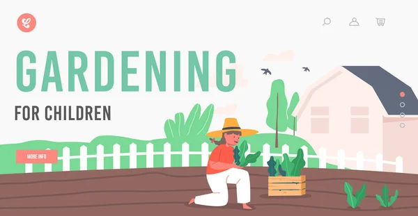 子供ランディングページテンプレートのためのガーデニング.庭で働く小さな女の子の農家やコッター緑の芽を植える — ストックベクタ