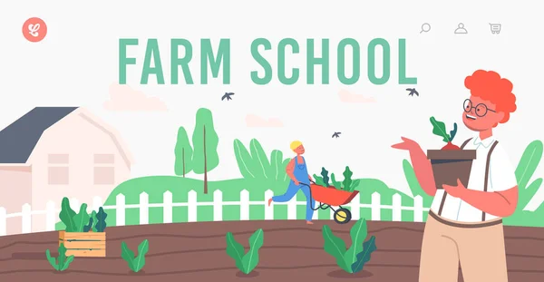 ファームスクールランディングページテンプレート。庭で働く子供たち農家やコテージキャラクター地面に芽を植える — ストックベクタ
