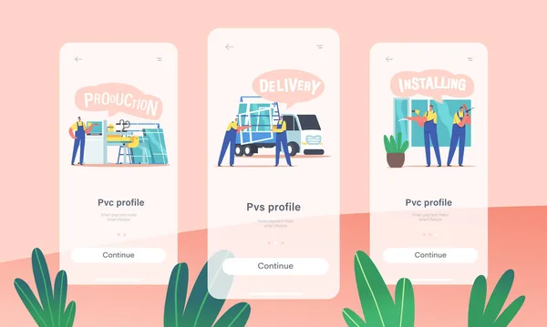 Janela de plástico Produzir, Entrega, Instalação Mobile App Page Onboard Screen Template. Serviço de instalação de vidro Pvc — Vetor de Stock