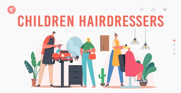 Hairdresser Salon for Children Landing Page Template. Master Cut Hairs and Making Hairstyle to Little Boy and Teen Girl — Stock Vector