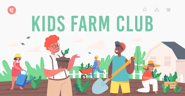 Çocuklar Çiftlik Kulübü İniş Sayfası Şablonu. Çocuk Bahçıvanlığı. Küçük Bahçıvanlar Erkek ya da Kız Yerleştirme, Bitkilerin Bakımı — Stok Vektör