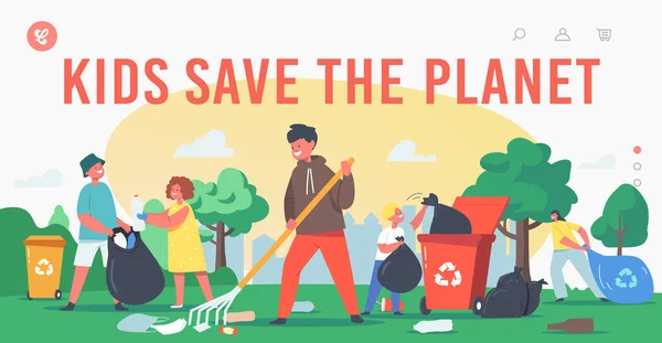Kids Save the Planet Landing Page Template. Personnages Enfants Nettoyage Jardin, Recyclage des ordures, Protection de l'écologie — Image vectorielle