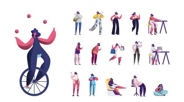 Set kvinnliga karaktärer livsstil, ung kvinna jonglering med bollar på monowheel, Flicka meddelanden från smartphone, Shopping — Stock vektor
