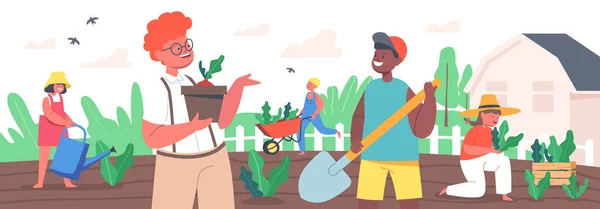 Gyerekkertészkedés. Kis kertészek Fiúk és Lányok Növények ültetése és gondozása. Boldog gyerekek karakterek dolgozik — Stock Vector