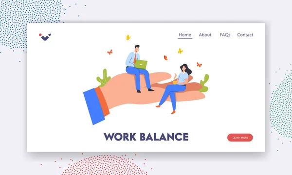 Werk Balance Landing Page Template. Werknemers zitten op Enorme Palm. Zorg voor personeel, personeelsbeloningen op het werk — Stockvector