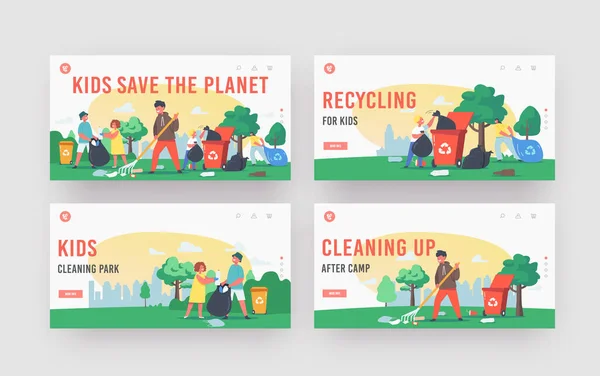 Kinder reinigen Stadtpark, Save Planet Landing Page Template Set. Kinderfiguren Garten reinigen, Müll recyceln — Stockvektor
