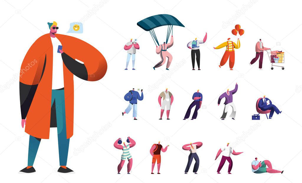 Set of Male Characters, Men Lifestyle, People Use Gadgets, Skydiving with Parachute, Clown in Costume and Shopping