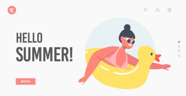 Merhaba Summer Landing Page Şablonu. Küçük Kız Yüzme Karakteri Denizde Oynuyor, Şişirilebilir Yüzükte Yüzüyor, Çocuklar Eğleniyor