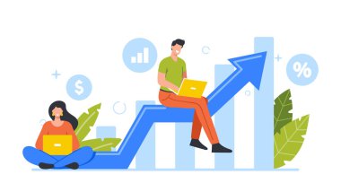 Genç Erkek ve Kadın İş Karakterleri Dizüstü bilgisayarda çalışıyor Bilgisayar monitörüne bakın Büyüyen Finansal Ok Çizelgesinde Oturuyor