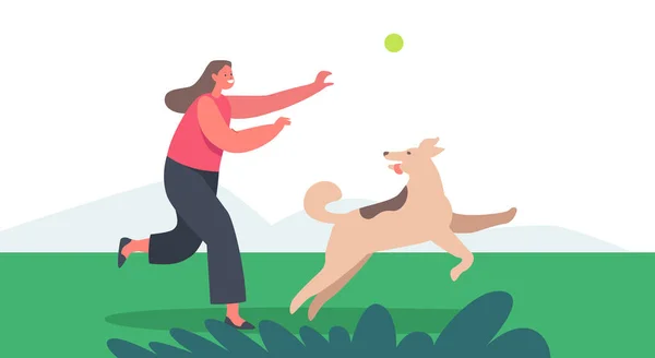 Menina brincando com cão ao ar livre. Little Child Character Jogue com Pet Throwing Ball. Kid Passar tempo com Fluffy Friend —  Vetores de Stock