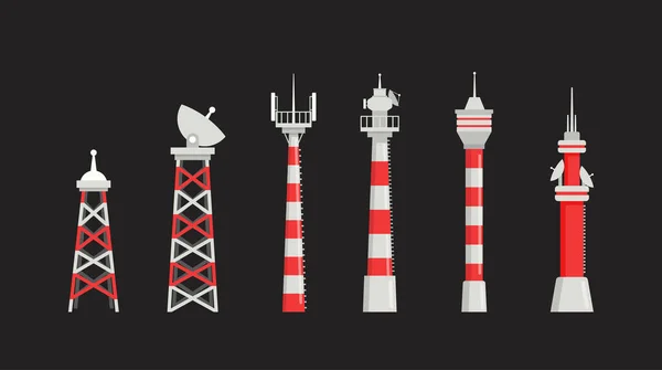 Conjunto de Torres de Rádio, Tecnologia de Comunicação Antena Construção. Rede da cidade Equipamento de estação de sinal sem fio —  Vetores de Stock