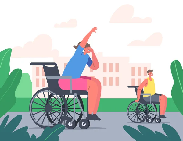Jovens Crianças com Deficiência Sentadas em Cadeira de Rodas Jogando Basquete ou Corrida. Deficiência, pessoas com deficiência paralítica — Vetor de Stock