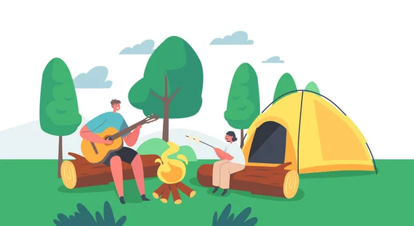 Kids Characters Roast Marshmallow på eld och spela gitarr på Camp Tent. Liten pojke och flicka i sommar Camping — Stock vektor