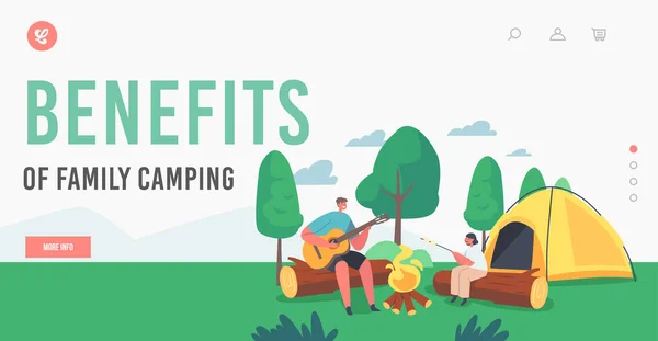 Vorteile von Family Camping Landing Page Template. Kinderfiguren grillen Marshmallow auf Feuer und spielen Gitarre — Stockvektor