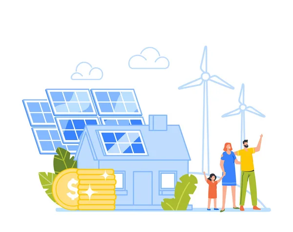 Ανανεώσιμες Πηγές Καθαρής Ενέργειας, Ενέργειας, Επενδύσεων για Εναλλακτική Ενέργεια και Βιωσιμότητα. Οικογενειακοί χαρακτήρες στον ηλιακό πίνακα — Διανυσματικό Αρχείο
