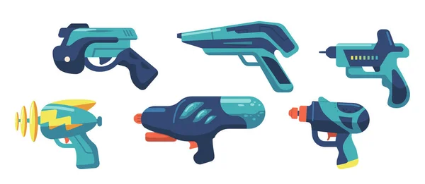 Conjunto de pistolas de agua, láser o Blaster, pistolas y armas Rayguns. Juguetes para niños Juego, armas espaciales alienígenas o pistolas infantiles — Vector de stock