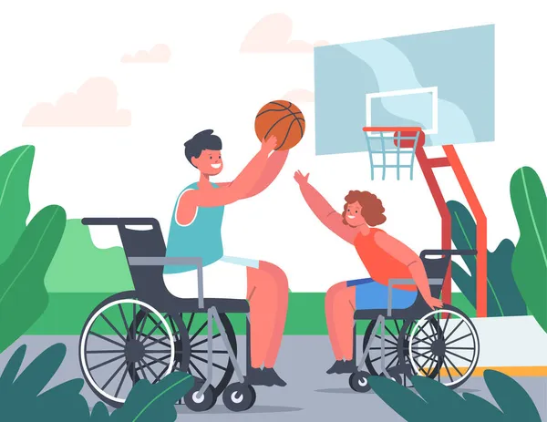 Casal de crianças com deficiência paralítica jogando basquete sentado em cadeiras de rodas, treinamento de atletas, crianças deficientes — Vetor de Stock