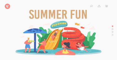 Yaz Eğlencesi İniş Sayfa Şablonu. Aquapark 'taki Çocuk Karakterleri, Çocuklar İçin Su Çekici Aqua Parkı