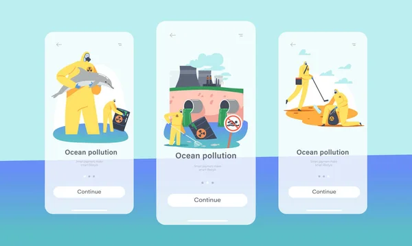 Ocean Oil Pollution Mobile App Page Onboard Screen Template. Volunteer Cleaning Sea after Ecological Catastrophe — Stock Vector