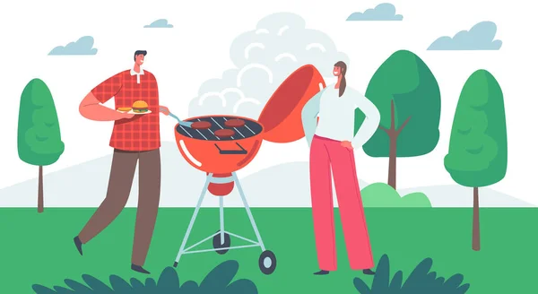 Männliche und weibliche Charaktere verbringen ihre Zeit auf einer Bbq-Party oder einem Sommerlager im Freien. Familie oder Freunde Kochen, Zelten — Stockvektor