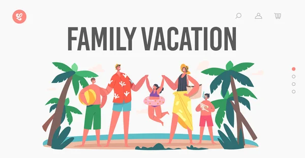 Familie vakantie landing pagina Template. Happy Characters op Summer Beach. Moeder, vader, dochter en zonen spelen — Stockvector