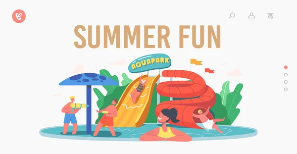 Summer Fun Landing Page Template (en inglés). Personajes para niños en Aquapark, Parque acuático de atracciones con atracciones acuáticas para niños — Archivo Imágenes Vectoriales