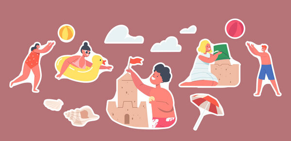Набор стикеров Happy Kids on Vacation, Little Children Characters on Beach Building Sand Castle and Playing Ball