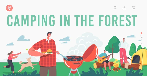 Verbringen Sie Zeit auf dem Sommercamping in Forest Landing Page Template. Touristencharakter im Urlaub Erholung, Freizeit — Stockvektor
