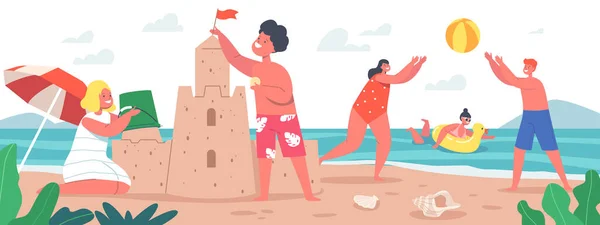 Ευτυχισμένα παιδιά σε διακοπές, τα μικρά παιδιά χαρακτήρες στο Beach Building Sand Castle και παίζοντας μπάλα στην παραλία — Διανυσματικό Αρχείο