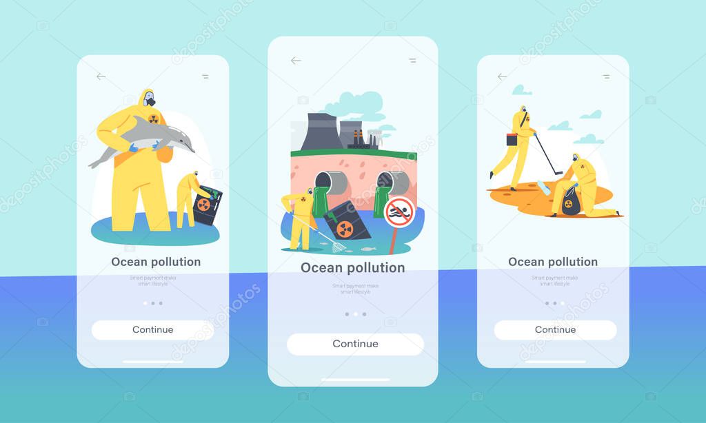Ocean Oil Pollution Mobile App Page Onboard Screen Template. Volunteer Cleaning Sea after Ecological Catastrophe