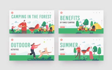 Orman İniş Şablonu 'nda Aile Saati Yaz Kampı Şablonu. Turistlerin Tatildeki Karakterleri. Çocuklar rahatlayın