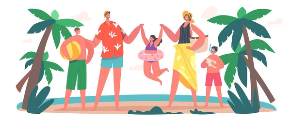 Boldog családi karakterek Summer Beach-en. Anya, apa, lánya és fiai tartsa a kezét a homokos parton játszik a tengerparton — Stock Vector